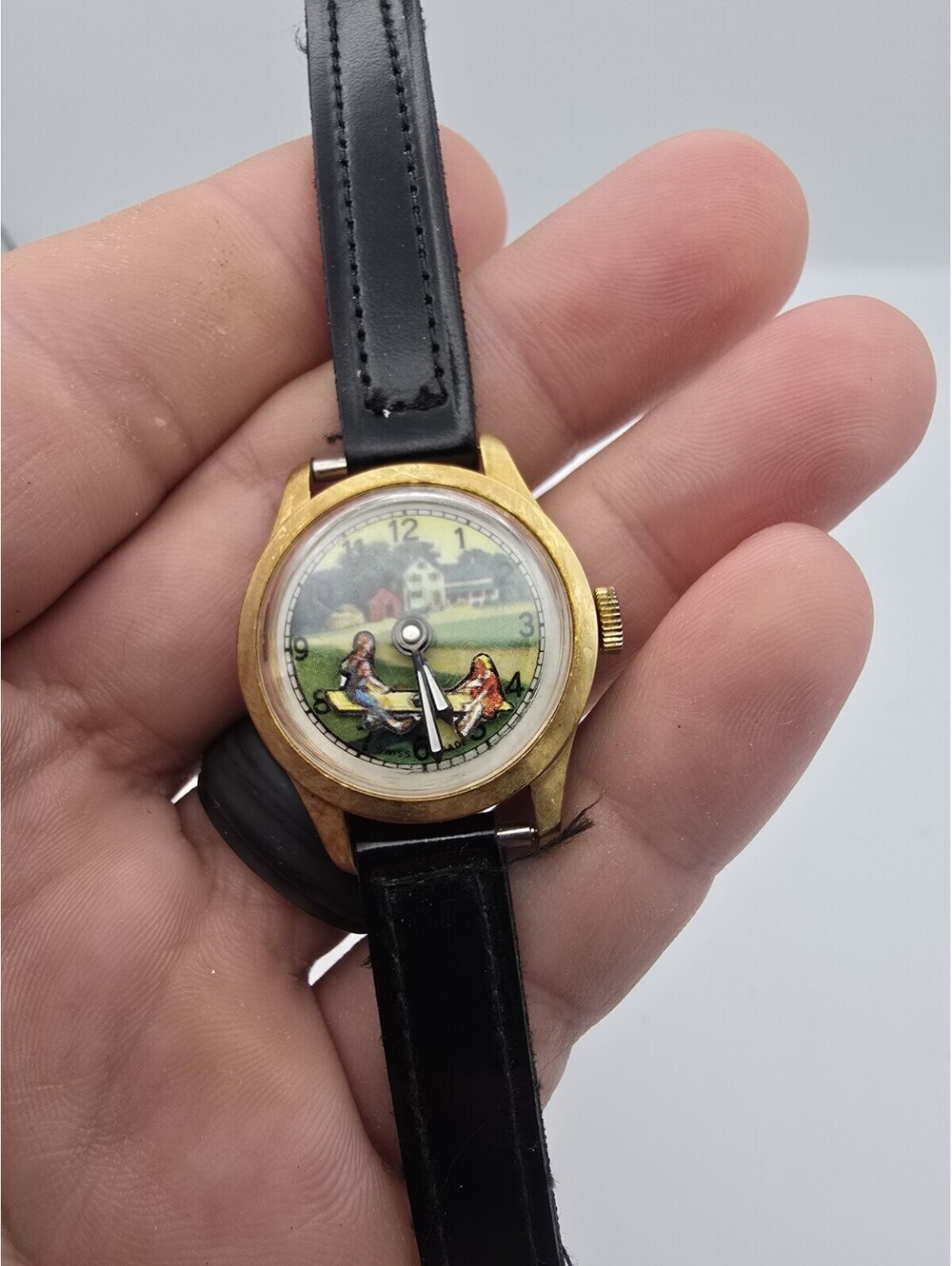 Vintage Swiss Made Watch Children Seesaw Scene Dial Gold Tone Leather Band